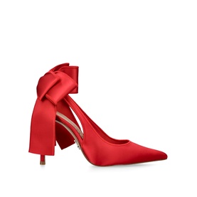 Steve Madden red satin pointed-toe stiletto pump with oversized ankle bow detail and slingback strap, stiletto heel