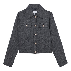 Reiss blue textured cropped jacket with pointed collar, chest pockets, and gold-tone buttons, flat lay view.