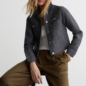 Model wearing Reiss blue textured collarless jacket with gold buttons, styled with olive wide-leg trousers and white top