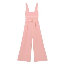 Reiss pink wide-leg jumpsuit with square neckline, thick straps, and gold buckle belt detail