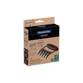 Tramontina Churrasco Black meat shredding claws in dark finish, shown in kraft cardboard packaging with FSC certification badge.