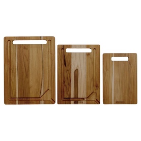 Tramontina brown wooden cutting board set of three, varying sizes with handle slots and juice groove detail