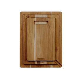 Tramontina brown wooden cutting boards set of three, varying sizes with handle slot, light and dark grain striped design