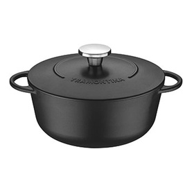 Tramontina black cast iron casserole dish with lid and silver knob, dual handles, matte finish