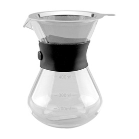 Glass pour-over coffee maker with stainless steel mesh filter and black silicone band, showing measurement markings up to 400ml