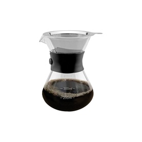 Glass pour-over coffee maker with stainless steel filter, black silicone band, and measurement markings, filled with brewed coffee