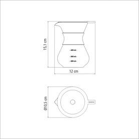 Technical diagram of a glass coffee carafe showing dimensions: 15.1cm height, 12cm width, with 400ml, 300ml, 200ml markings, and 16.5cm base diameter.