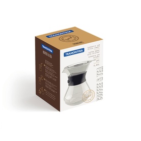Tramontina glass coffee maker in kraft packaging box with product illustration and brand logo visible on front.