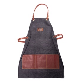 Tramontina apron in dark denim with tan leather pocket panel, adjustable leather neck strap and side ties