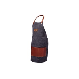 Tramontina apron in dark denim with tan leather straps, pocket, and branded patch detail