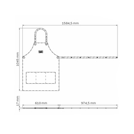 Tramontina cotton and leather apron technical diagram showing dimensions: 1584.5mm width, 1045mm height, 610mm and 974.5mm panel measurements.