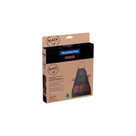 Tramontina Black cotton and leather apron in dark navy, shown in branded kraft packaging box.