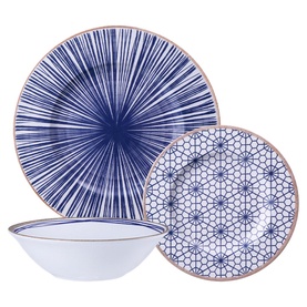 Tramontina blue dinner set with geometric and starburst patterns, copper-edged rims, including dinner plate, side plate, and bowl