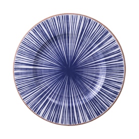 Tramontina blue ceramic dinner plate with radiating white line pattern and terracotta-edged rim, viewed from above.