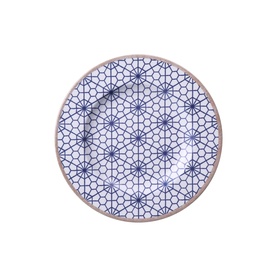 Tramontina blue and white ceramic dinner plate with geometric star and hexagon pattern and natural clay-toned rim.