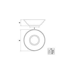 Tramontina blue dinner set technical line drawing showing bowl dimensions with measurement table indicating depth and diameter.