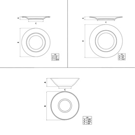 Tramontina blue dinner set technical line drawings showing top, side and angled views with dimension indicators