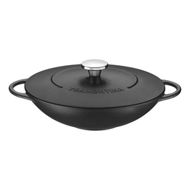 Tramontina black cast iron casserole dish with lid, dual handles and silver knob finial, wok-style shape