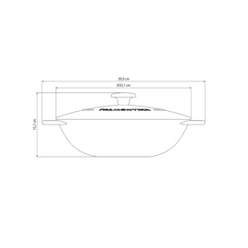 Tramontina black casserole dish with lid, technical line drawing showing dimensions 39.9cm width and 14.7cm height.