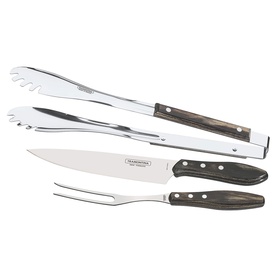 Tramontina Black Carver set with carving knife, fork, and tongs, featuring dark handles and stainless steel blades