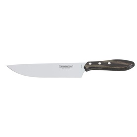 Tramontina black handled carving knife with stainless steel blade and riveted handle, isolated on white background.