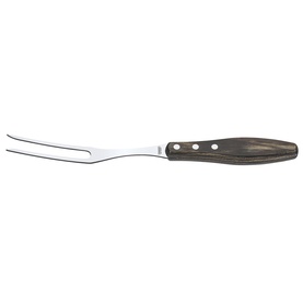Tramontina black handled stainless steel carving fork with two prongs and riveted dark wood-effect grip, shown on white background