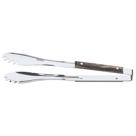 Tramontina black handle stainless steel carving tongs with serrated gripping ends and riveted dark wood-effect handle