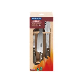 Tramontina Churrasco 3-piece black-handled carving knife set in branded packaging, including two knives and a sharpening steel.