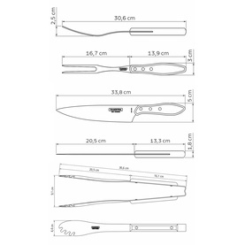 Tramontina black carving set technical diagram showing dimensions of spatula, fork, carving knife, and tongs with measurements in centimetres