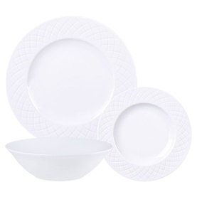 White 12-piece dinnerware set with embossed lattice rim, including two plates and a wide serving bowl, displayed on white background.