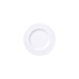 White porcelain side plate with embossed lattice border detail on plain white background
