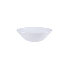 White wide-rimmed shallow ceramic bowl with a smooth gloss finish, shown on a plain white background.