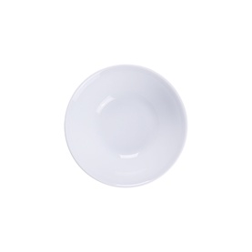 White ceramic bowl with wide rim and shallow well, shown from above on white background