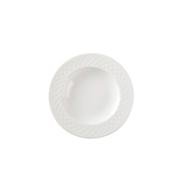 White deep pasta bowl with embossed basket-weave textured rim, smooth interior well, fine bone china finish