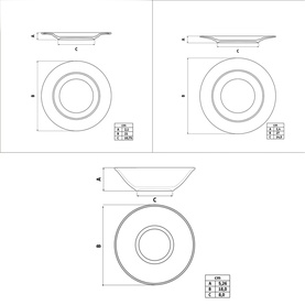 Technical dimension drawings of a round plate shown in top, angled, and side views with measurement annotations
