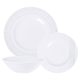 Tramontina white dinner set with embossed ridged detailing, including large dinner plate, side plate, and bowl