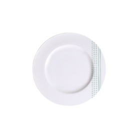 Tramontina white dinner plate with delicate dotted mint green border detail on a wide flat rim.
