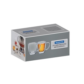 Tramontina 2-piece double walled coffee and tea glasses set in clear glass, shown in branded packaging box