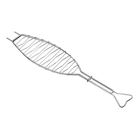 Tramontina stainless steel fish-shaped grilling griddle with wire rack basket and long handle for barbecue use