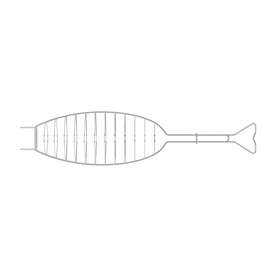 Tramontina stainless steel fish-shaped griddle with ribbed grilling surface and handle, shown from above