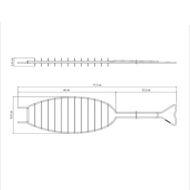 Tramontina stainless steel griddle technical diagram showing dimensions, oval fish-shaped base with ridged surface and long handle.