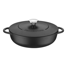 Tramontina black cast iron shallow casserole dish with lid and silver knob handle, dual side handles