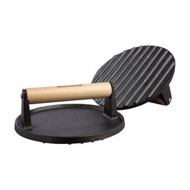 Tramontina black cast iron burger press with wooden handle, shown open and closed, featuring ridged grill surface