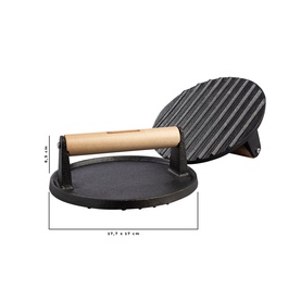 Tramontina black cast iron burger press with ridged top plate and wooden handle, shown with dimension guides