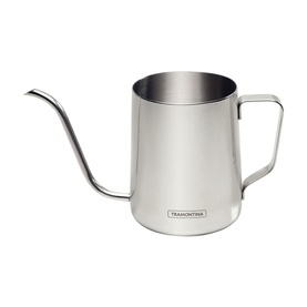 Tramontina stainless steel pour-over kettle with long gooseneck spout and angular handle, polished finish