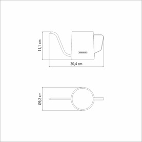 Tramontina stainless steel kettle technical diagram showing dimensions: 20.4cm width, 11.1cm height, and 9.2cm diameter base.
