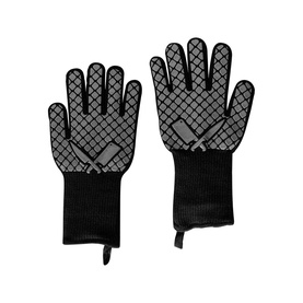 Tramontina black heat-resistant oven mitts with grey silicone grip pattern and extended cuff, sold as a pair