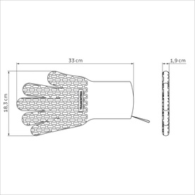 Tramontina black silicone oven mitt technical diagram showing dimensions 33cm length, 18.3cm width, and 1.9cm depth.