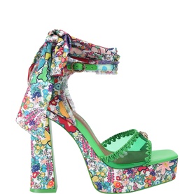 Vinyl Floral Tie Platform Block Heels