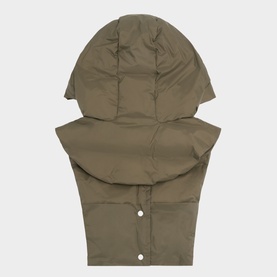 Yves Salomon Padded Hood Bib in Herbal Tea, quilted down-filled sleeveless design with oversized hood and press stud fastening